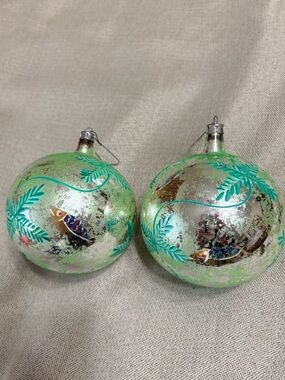 Vintage Glass Ornaments Set 2 Hand Painted Fish Mercury Style approx 4” diameter